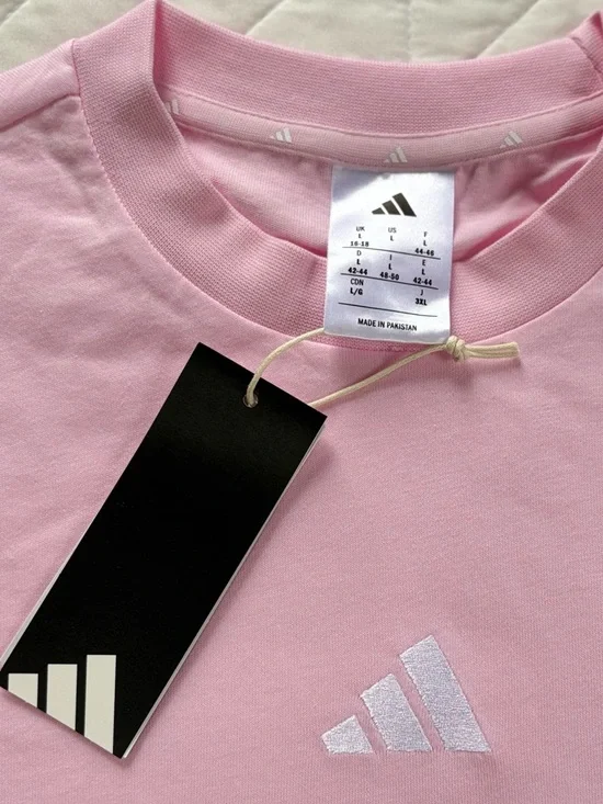 NWT Adidas Essentials 3-Stripes Cotton Tee in Clear Pink - Picture 2 of 6